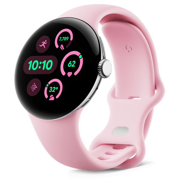 Google Pixel Watch 3 Polished Silver Aluminum Case with Rose Quartz Active Band