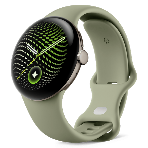 Google Pixel Watch 5 Satin Pyrite Aluminum Case with Olive Active Band