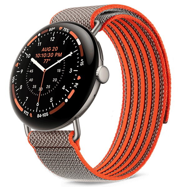 Google Pixel Watch 5 Satin Pyrite Aluminum Case with Rye Performance Loop Band